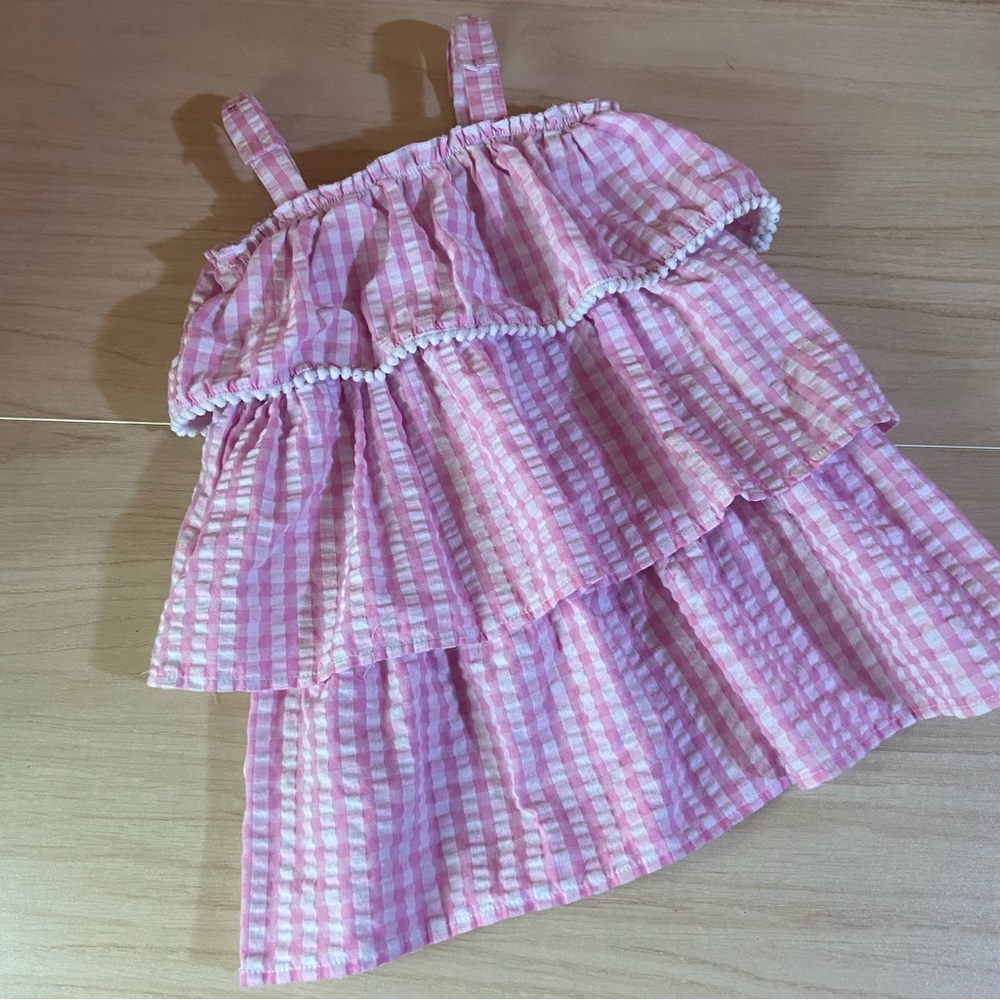 Madison Layne Gingham Plaid Pink Dress Tiered Sleeveless Sz 24 mos Pom-Pom Trim